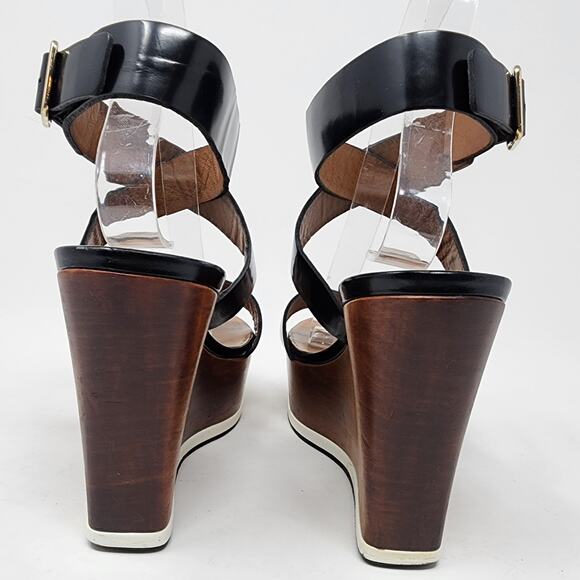 Givenchy Platform Wood Wedge Sandals Women 38/8 Black Strappy Leather Buckle - Picture 5 of 9